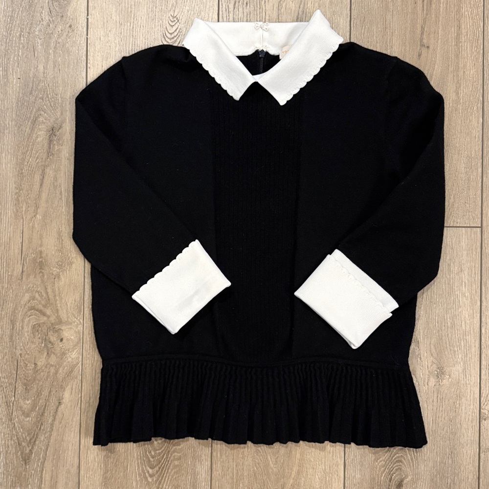 Tory Burch Black Peplum Ribbed Front Sweater w/ White Contrast Collar & Cuffs L - Picture 2 of 9